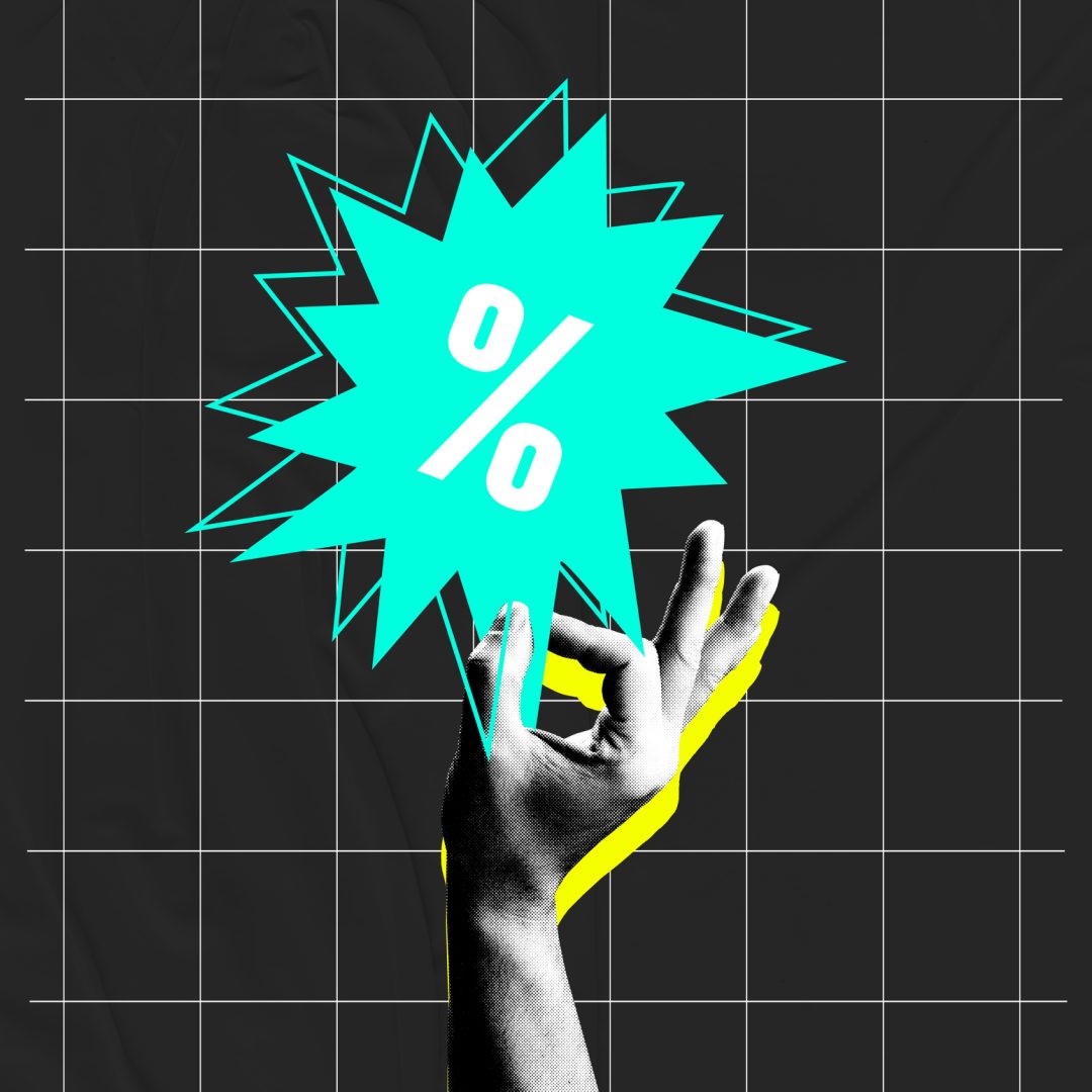 Creative vertical design with human hand and colorful percentage sign against dark background. Low price, sell out season. Contemporary art collage. Concept of Black Friday and Cyber Monday, shopping