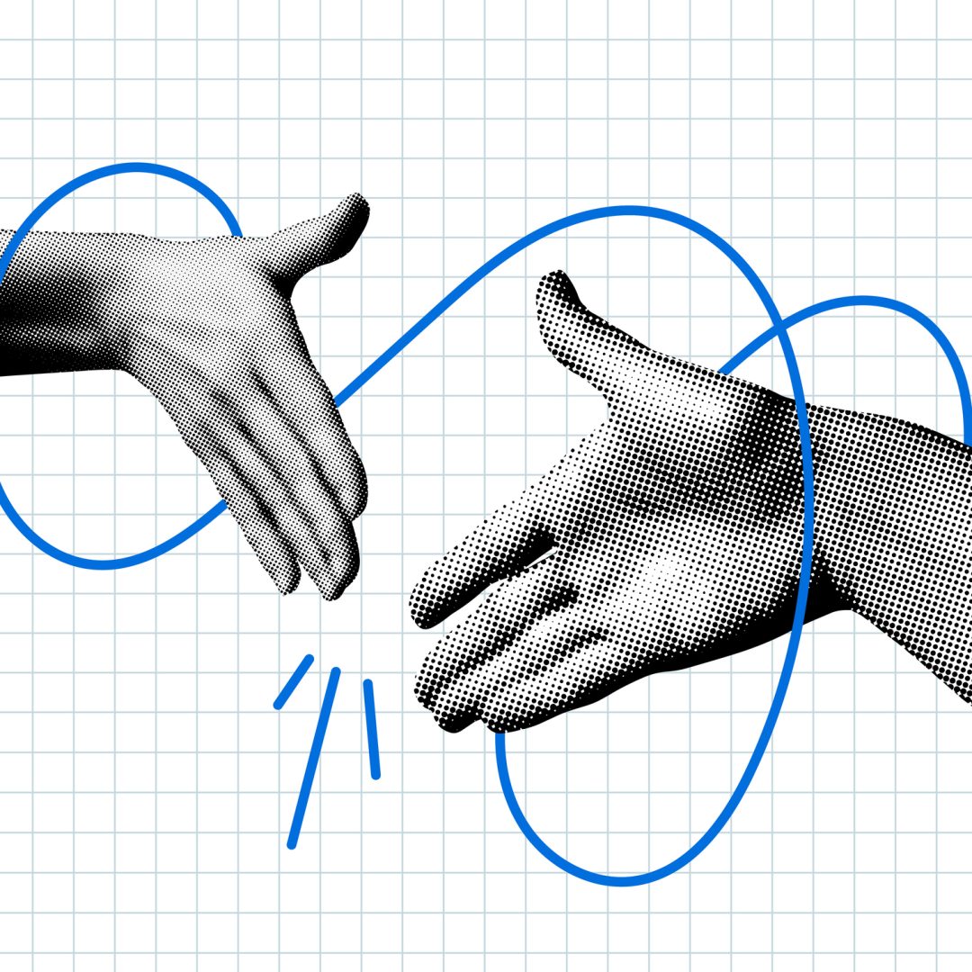 Hands reach out to each other. Handshake. Halftone retro hands. Body parts cut out of newspaper. Hands tied with thread. Shaking hands. Make a deal. Successful agreement. Modern collage
