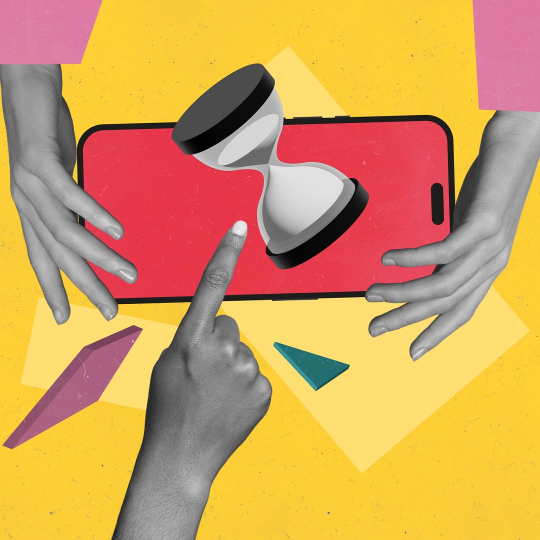 Creative photo collage hands body fragments hold smartphone digital device touchscreen deadline time management sandwatch countdown limit.
