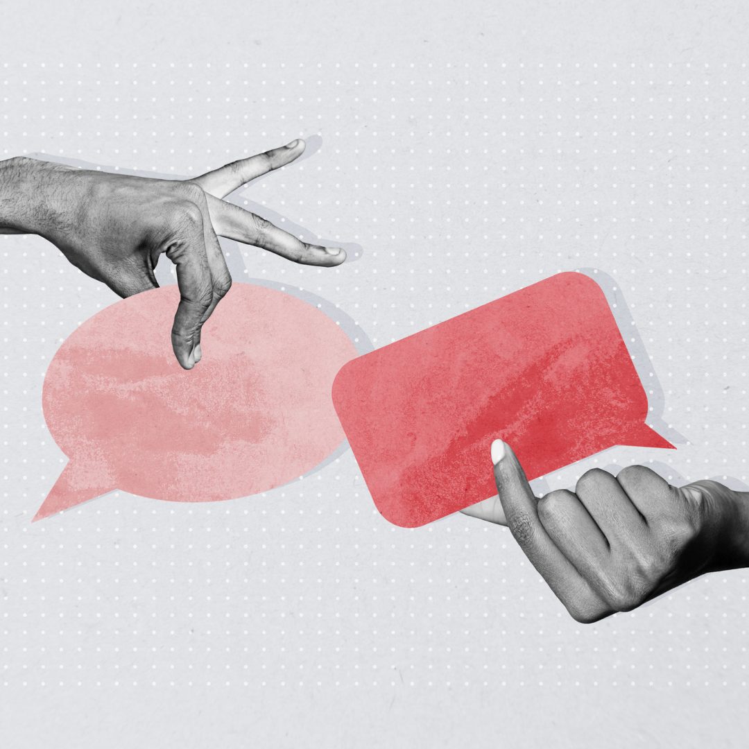 3D collage trend artwork composite sketch poster of tag balloon bubble comic message two hands hold speech cloud conversation copyspace.